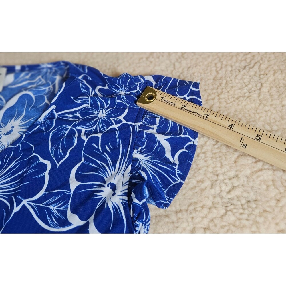 Anne Klein AK Womens Large Blue Floral Blouse Top Flutter Sleeve Tropical - Picture 8 of 10